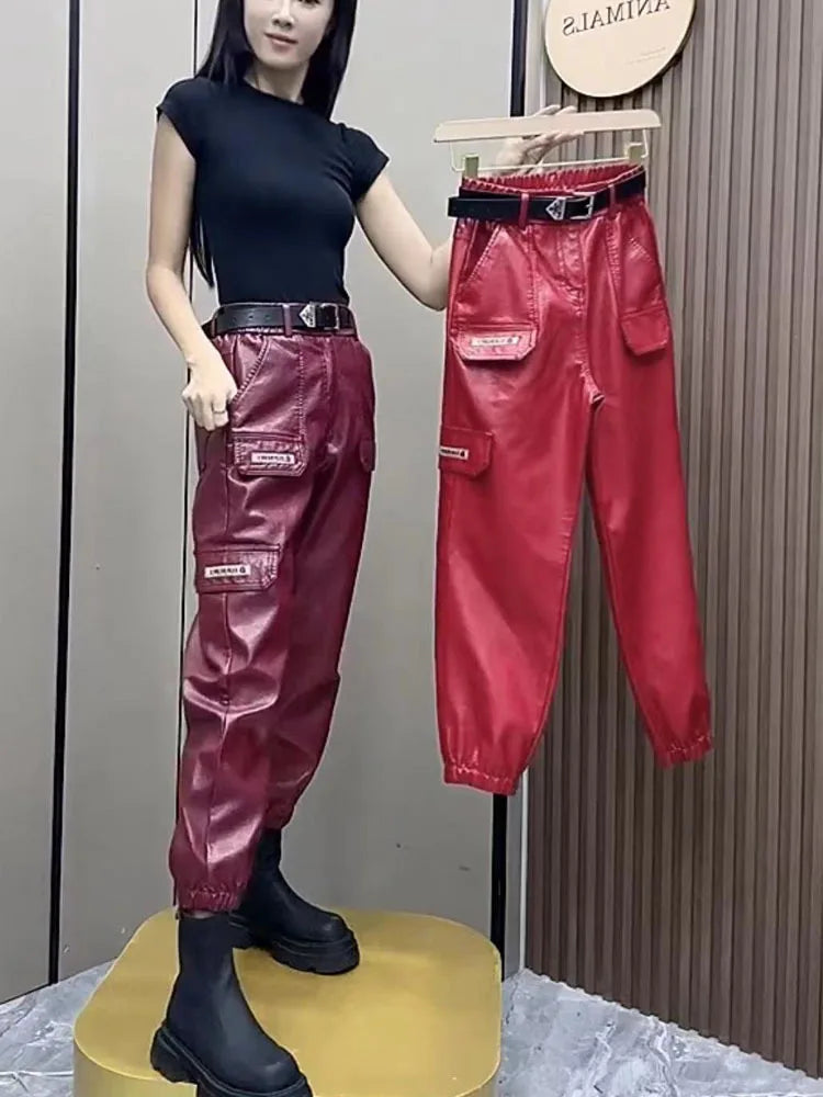 PENDRA Oversized Pocket Loose Leather Cargo Pants