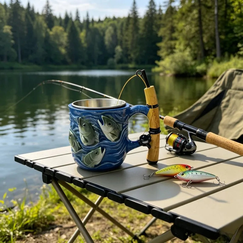 Funny Fishing Rod Handle Coffee Mug 3D Fishing Embossed Stainless Steel Cup for Men Collect Decor Family Ornament Collection