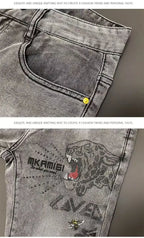 High-end Hot Diamond Jeans Men's Spring and Autumn Tide Brand Slim-fitting Small Feet Tiger Print Gray Casual Men Trousers Man