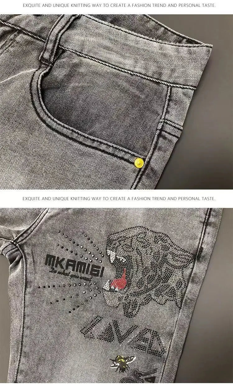 High-end Hot Diamond Jeans Men's Spring and Autumn Tide Brand Slim-fitting Small Feet Tiger Print Gray Casual Men Trousers Man