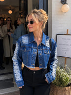 New Women's Vintage Distressed Washed Denim Shorts and Jacket, Slim Fit, Casual Summer Style.