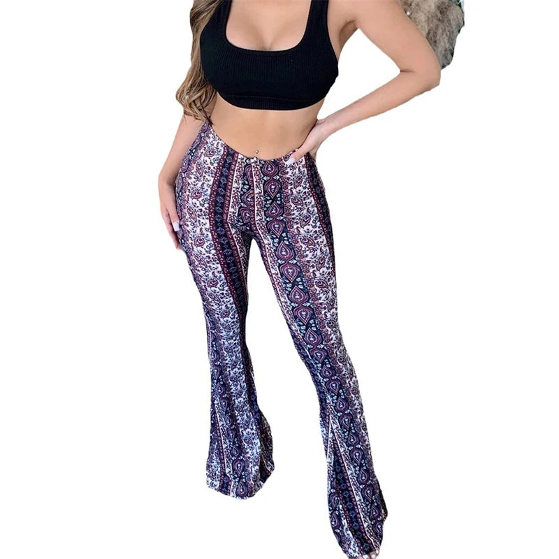 Vintage Boho Spring Floral Print Casual Pants Fashion new high elasticity tight fitting micro flared Yoga Joggers pants