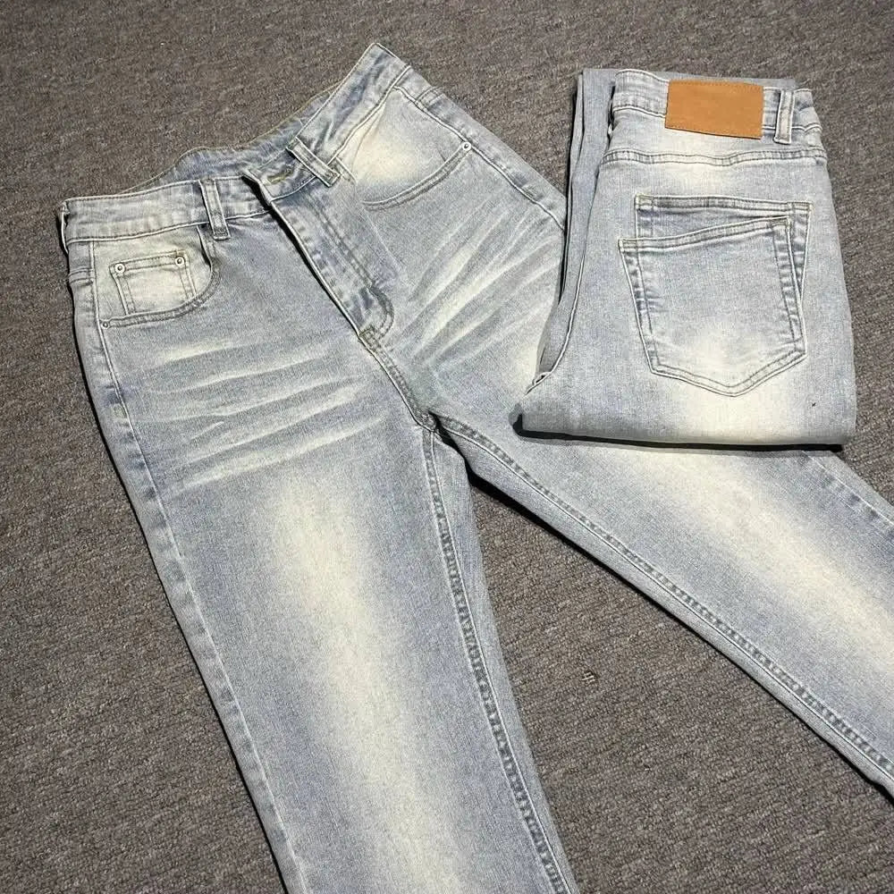 Man Jeans Designer Menswear Clothing Luxury Washed Light Blue Cat Whisker Slim Elastic Jeans Men's Thin Straight Scimitar Pants