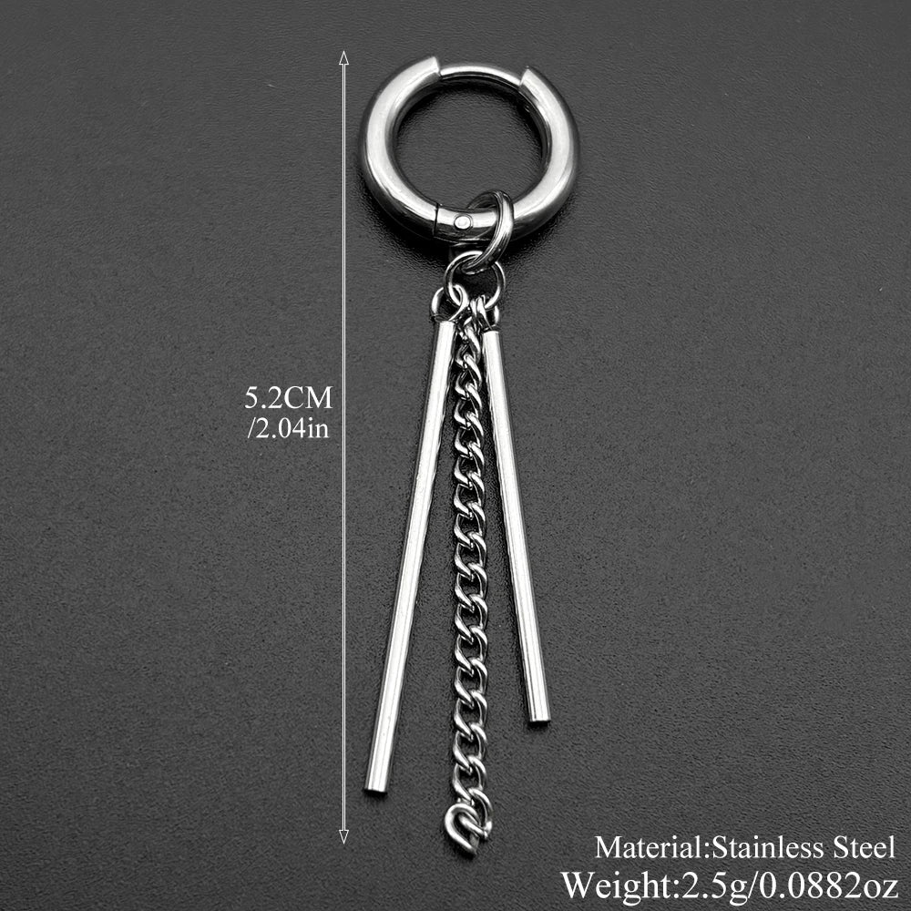 New Fashion Stainless Steel Long Chain Tassel Pendent Earrings Hoop Personality Ear Clips For Unisex Hiphop Punk Rock Trendy