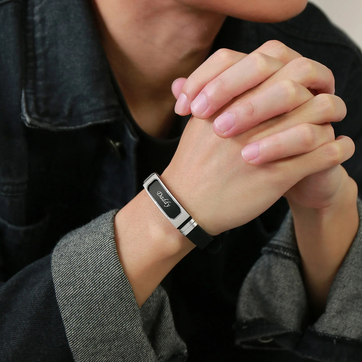 Silicone Bracelet Gift for Dad Husband Him,Waterproof Stainless Steel Bar Adjustbale Wristband,Father's Day Gift
