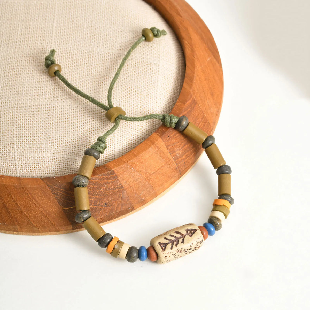 Mprainbow Fish Bone Beads Charm Bracelets for Men Boys, Retro Ethnic Wood Beaded Wristband,Adjustable Jewelry Gift to Him