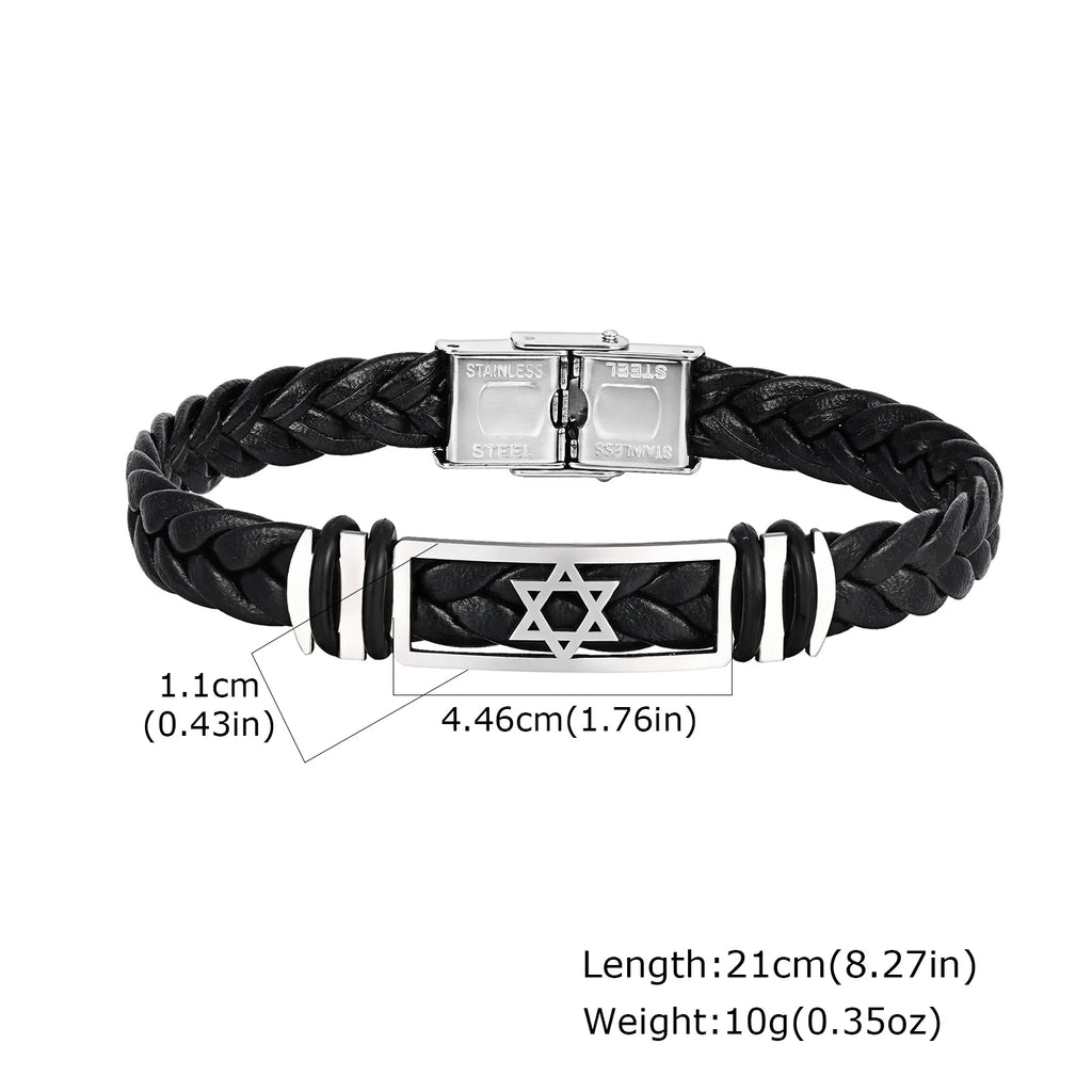 Hexagonal Star Leather Bracelet for Men,Black PU Woven Leather Wristband,Trendy Jewelry Gift