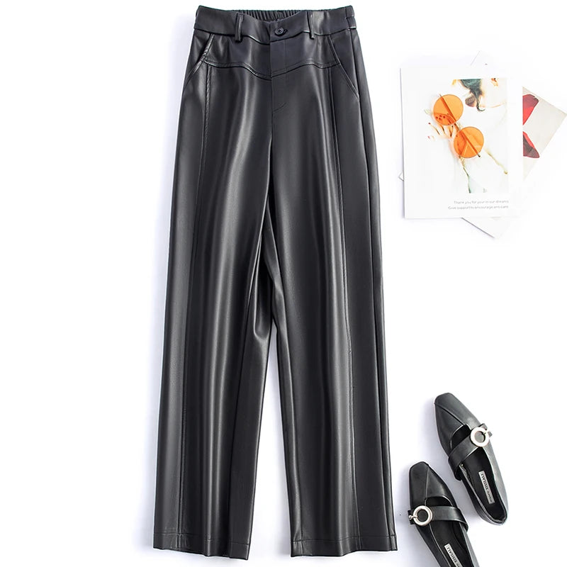 2025 autumn and winter new style leather pants elastic high waisted slim fit commute straight leg pants for women
