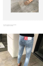 High Quality Stylish Low Rise Men's Designer Clothes New Blue Embroidered Jeans for Men Slim Kpop Style Students Cowboy Pants