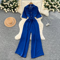 Fashionable casual lapel collar short sleeved cinched waist jumpsuit women's summer new solid color wide leg long pants