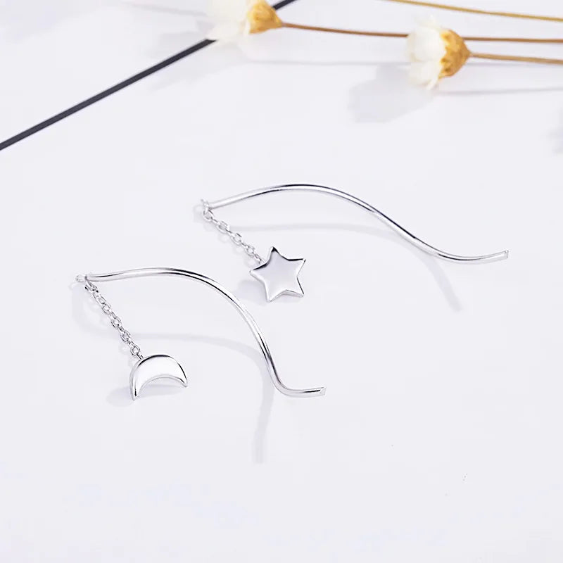 VENTFILLE 925 Sterling Silver Asymmetric Star Moon Earrings Long Tassel Feminine Temperament Korean Simple Jewelry