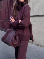 2026 New Women's Solid Color Plus Velvet Two-piece Suit, Long-sleeved High-neck Side Slit Zipper Sweatshirt and Wide-leg Pants, Winter Clothes for Women