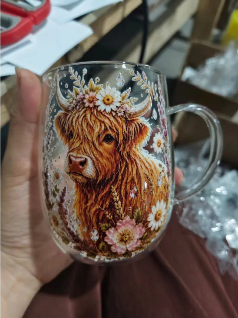 Vintage Highland Cattle Flower Sticker Glass,Double Layer Heat-resistant Coffee Cup,Home Office Drink Cup Collection Decorations