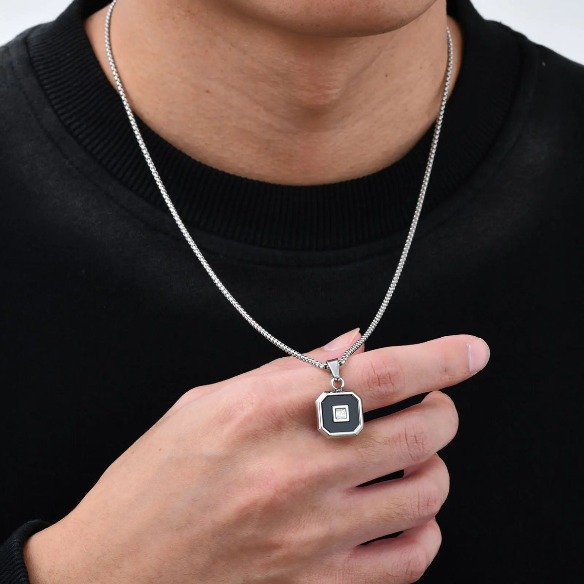 Stylish Square Pendant Necklaces for Men,Small Geometric Natural Stone Stainless Steel Pendant,Center Zircon Collars Gift