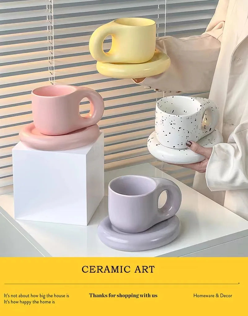 Creative chubby ceramic cup and saucer set, big handle design ins wind mug, macaron breakfast coffee
