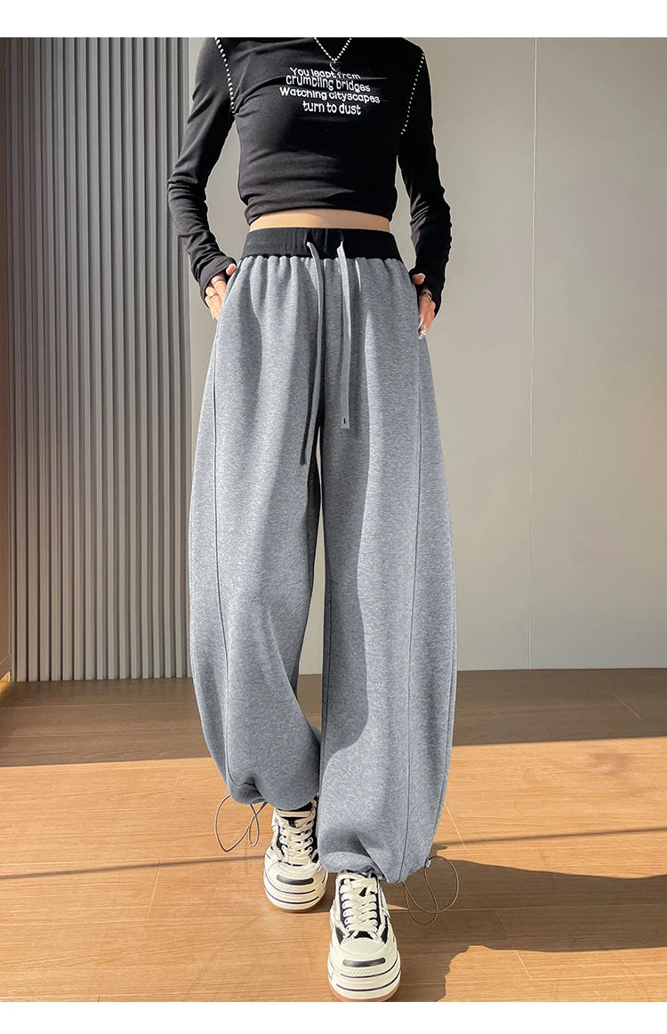 American style sports pants women in autumn and winter 2025 new style thick drawstring color blocking wide leg pants