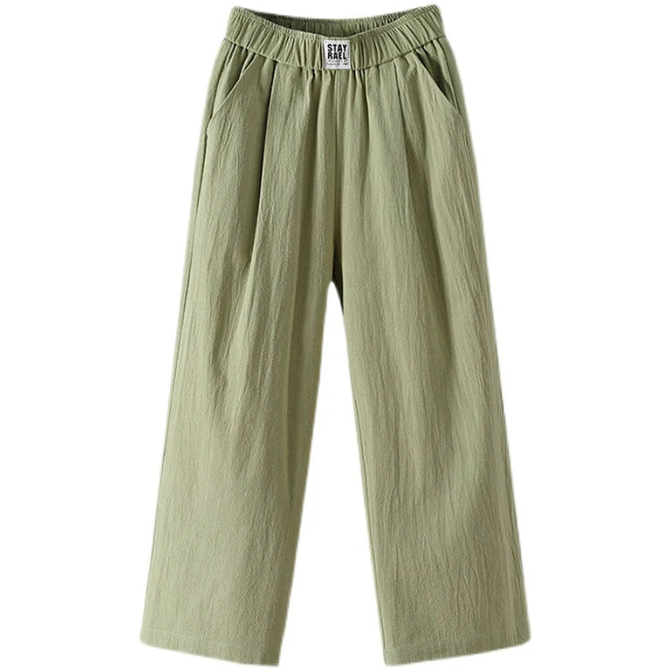 Female 2025 High Quality Loose Trousers Summer Elastic Waist Women's Pants Casual Solid Cotton Linen Ankle Length Pants