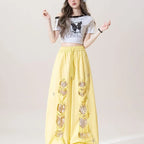 Milk yellow lace patchwork ripped jeans women's summer new high waisted drawstring star embroidered design wide leg pants