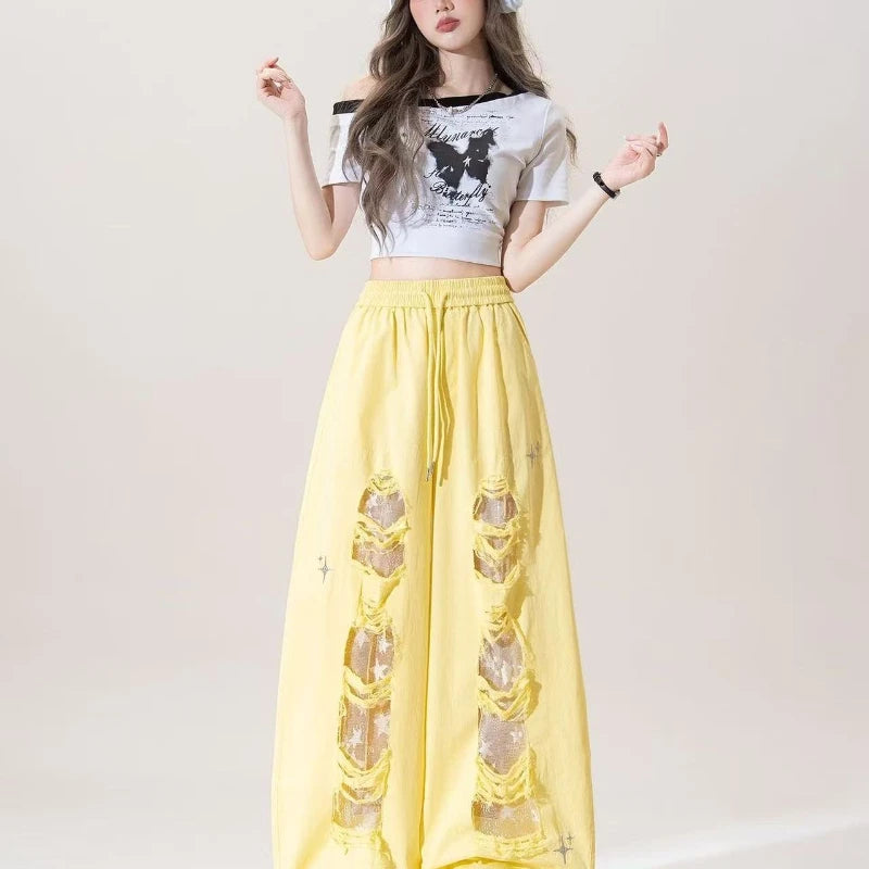 Milk yellow lace patchwork ripped jeans women's summer new high waisted drawstring star embroidered design wide leg pants