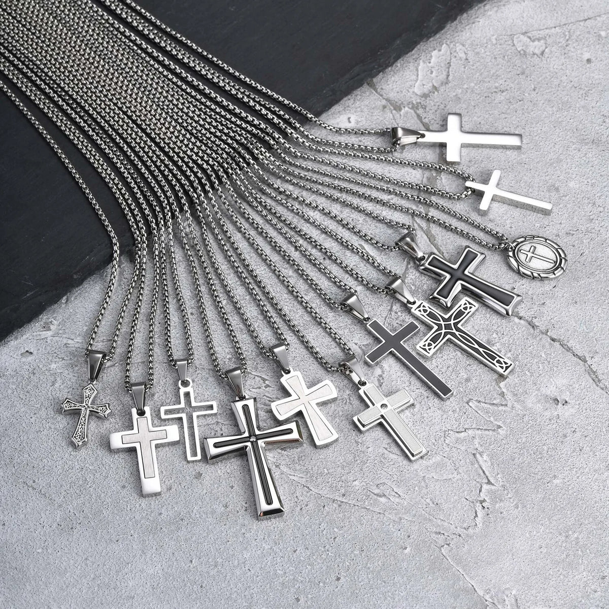 Stylish Men's Cross Necklace,Stainless Steel Silver Color Cross Pendant Necklace,Christian Religious Faith Easter Jewelry Gift