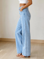 New Women's Mid-rise Washed Blue Classic Straight-leg Jeans, Slim Fit, Casual and Versatile, Machine Washable, Suitable for All Seasons