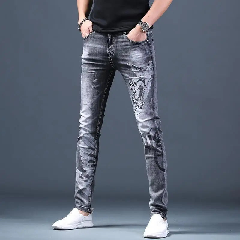 PENDRA Denim Cotton Printed Trousers