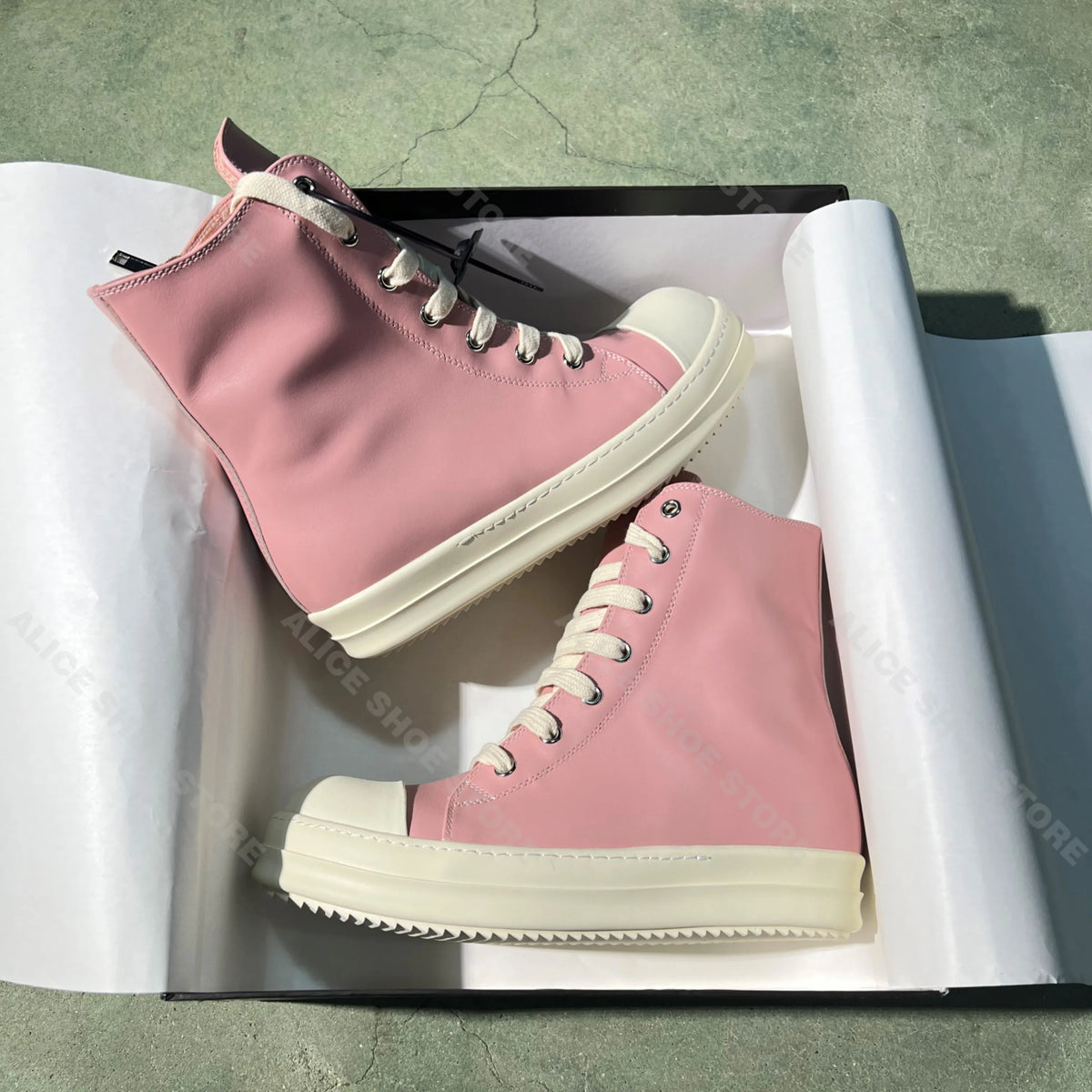 PENDRA Blush Titan Pink Genuine Leather High-Top Thick-Sole Sneakers
