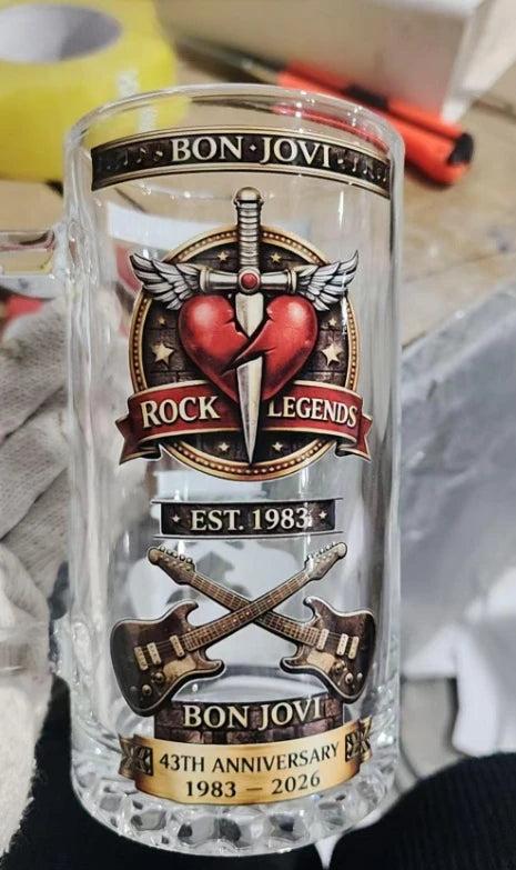 Bon Jovi Rock Legend Themed Beer Mug, Vintage Embossed Metal Handle Large Capacity Draft Beer Mug