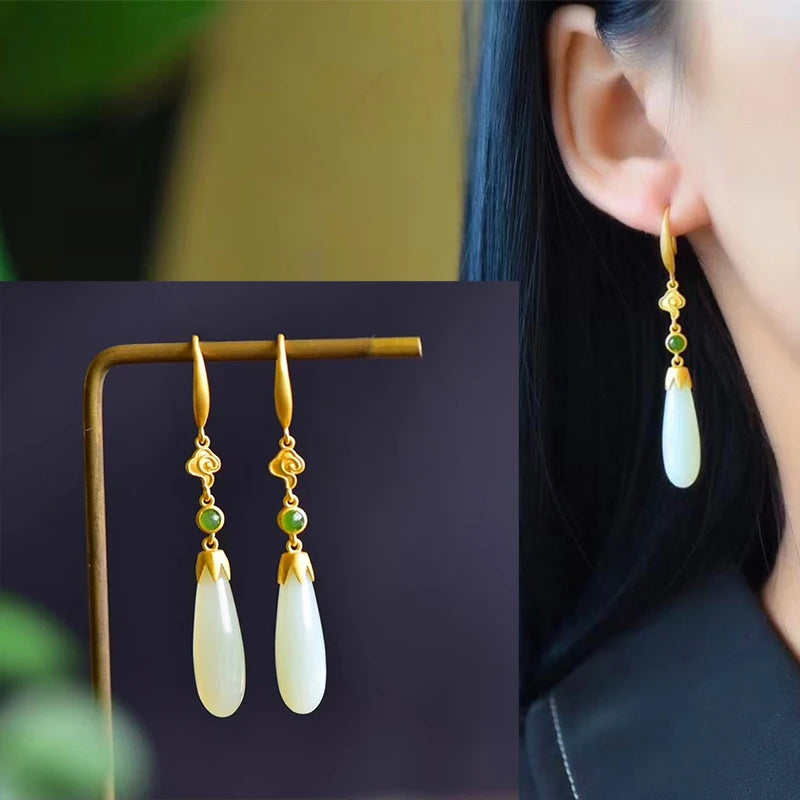 VENTFILLE Hetian Jade Ear Hook Earring Women's High-end Temperament Ethnic Style Retro Earrings Cloisonne Craft Dangler Gift