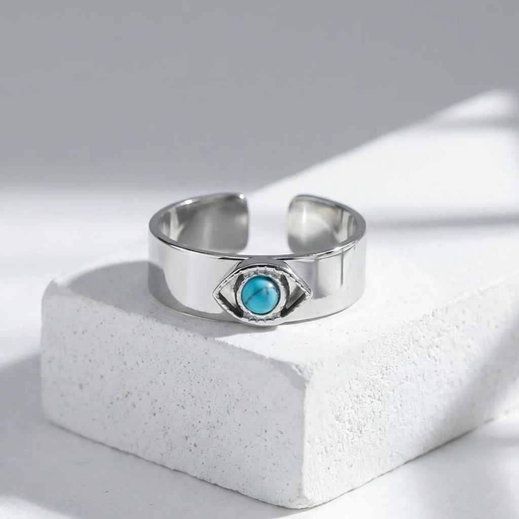Natural Stone Devils Eyes Ring for Men,Punk Waterproof Stainless Steel Adjustable Cuff Ring,Türkiye Exorcism Jewelry Gift