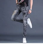 Spring and Autumn 2025 New Men's Jeans Gray Trendy Tiger Head Hot Diamond Printing Slim-fit Small Feet Trousers Men's Clothing