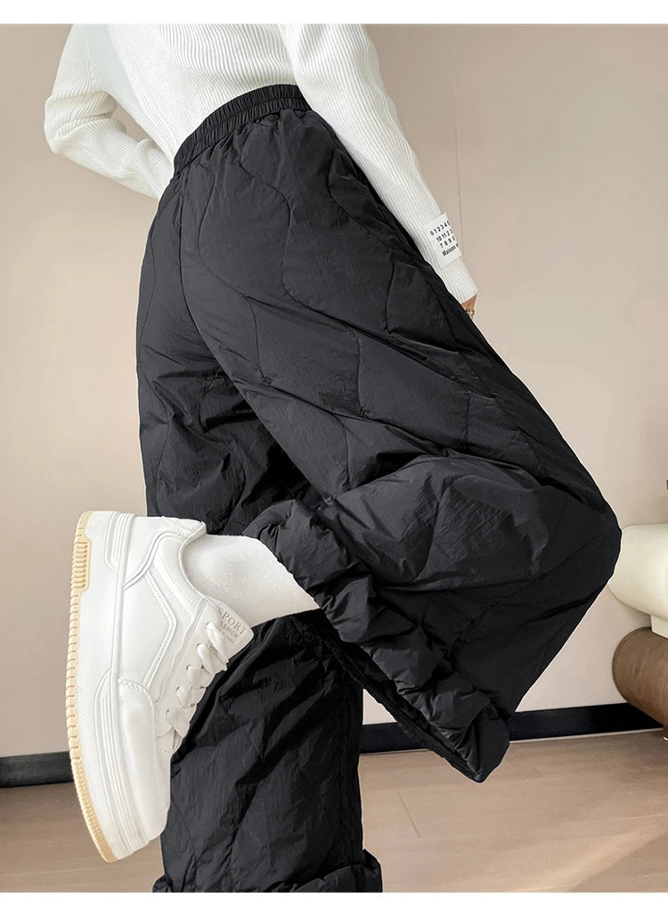 Elastic waist design down pants women winter cold resistant and warm high waist loose hanging casual straight leg pants