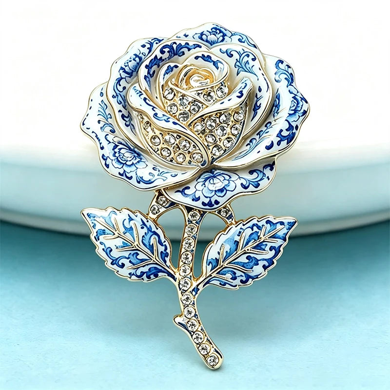 PENDRA Rosette 2-Color Enamel Rhinestone Rose Flower Brooch