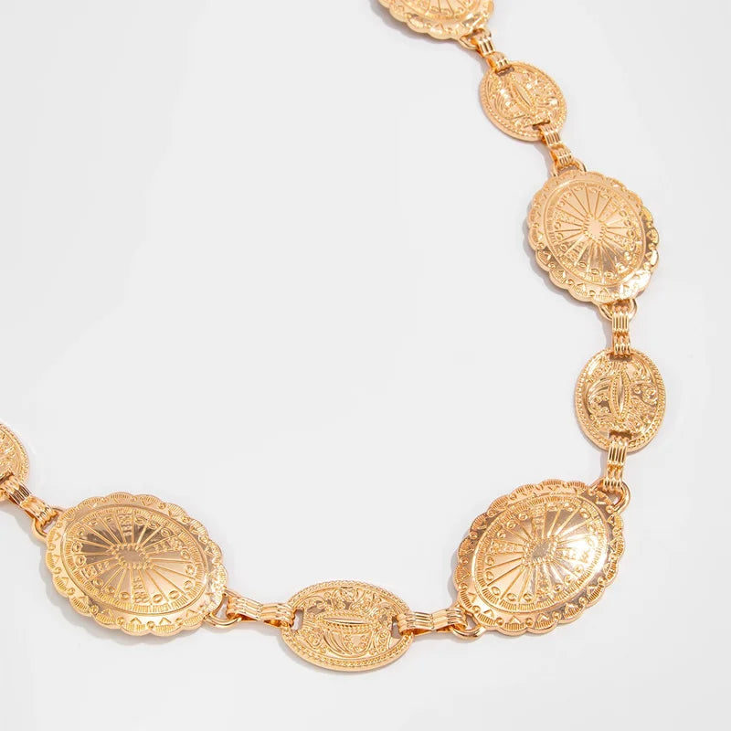 Retro style women's metal waist chain accessories Decorative circle carved chain belt high style accessories