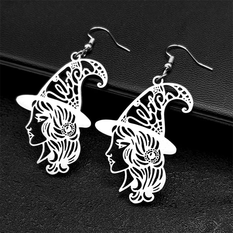 Witch Girl Hat Flower Drop Earring for Women Stainless Steel Black Silver Color Hollow Wicca Halloween Earrings Jewelry