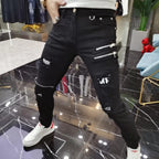 Luxury 2023 Men's High Street Korean Black Jeans with Zipper Distressed Hole Designer Youth Trend Slim-Fit Black Cotton Trousers
