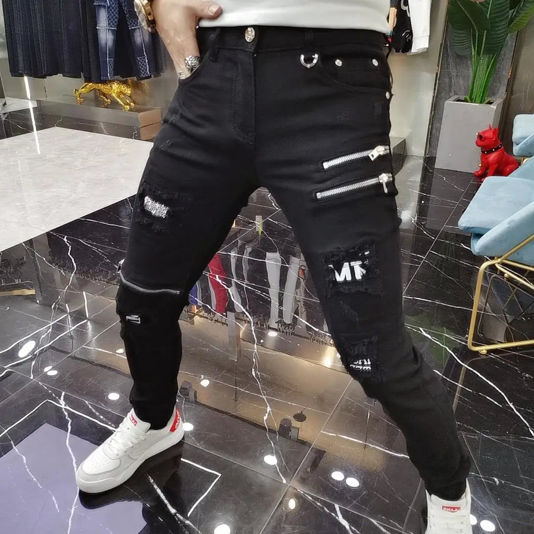 Luxury 2023 Men's High Street Korean Black Jeans with Zipper Distressed Hole Designer Youth Trend Slim-Fit Black Cotton Trousers