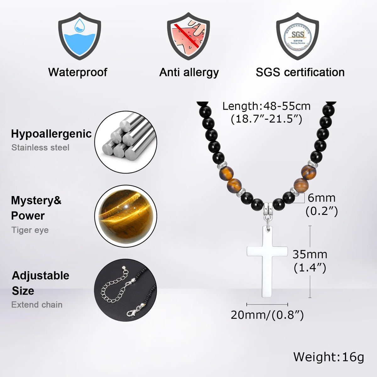 Mens Cross Pendant Necklaces, Waterproof Tiger Eye Black Beaded Necklace,Father's Day Birthday Party Gift for Him