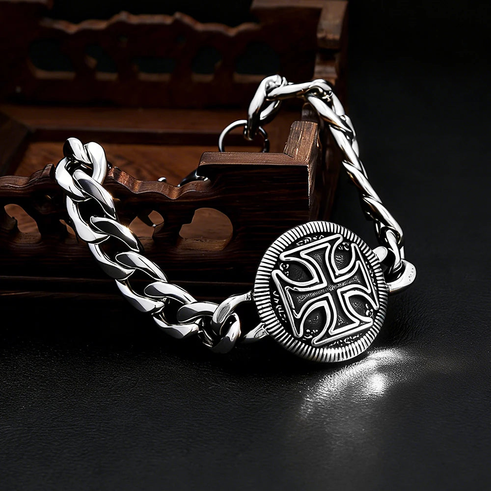 Classic Vintage Knights Templar Iron Cross Bracelet Stainless Steel Punk Hip Hop Christian Cross Men Bracelets Religious Jewelry