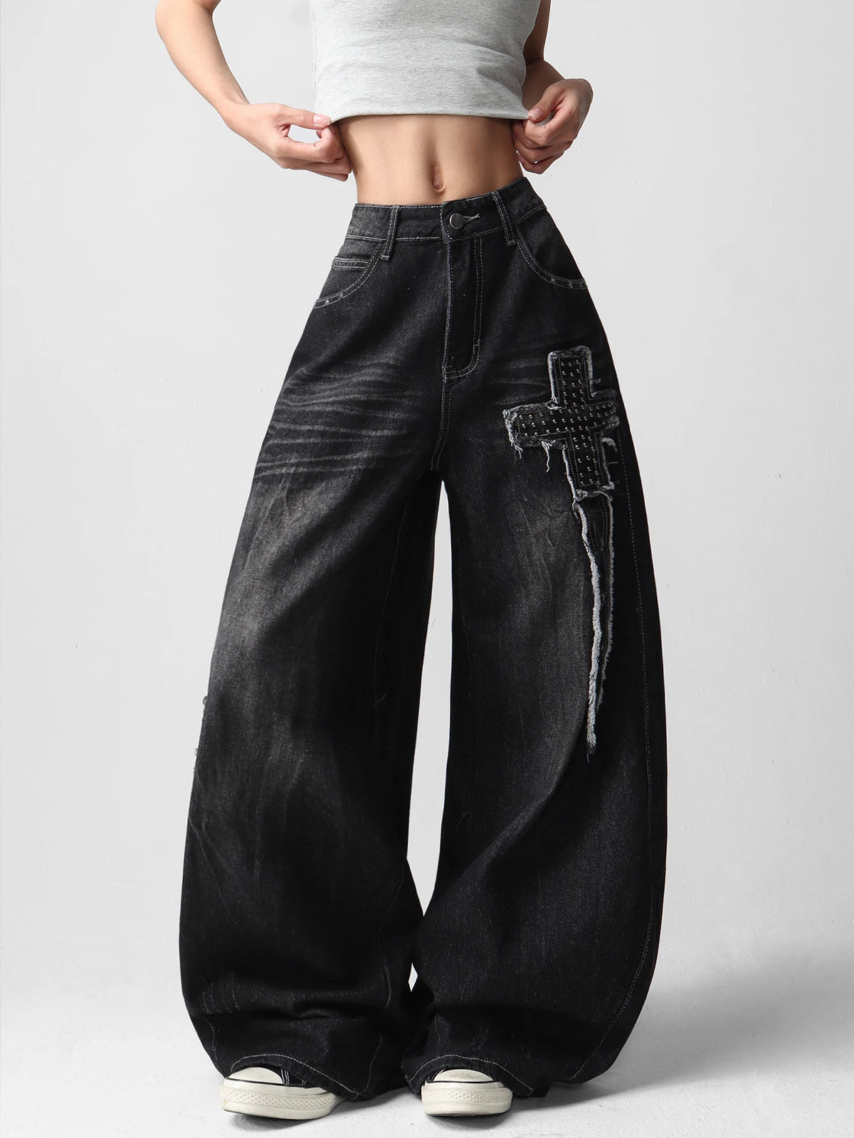 American-Style High Street Patchwork Studded Design Black Loose Jeans Women Y2K Trendy Streetwear Fashionable Casual Versatile Wide-Leg Pants