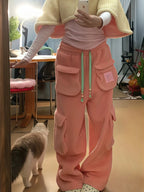 American style retro thick casual cargo pants women in winter new lamb wool loose fit fashion versatile wide leg pants