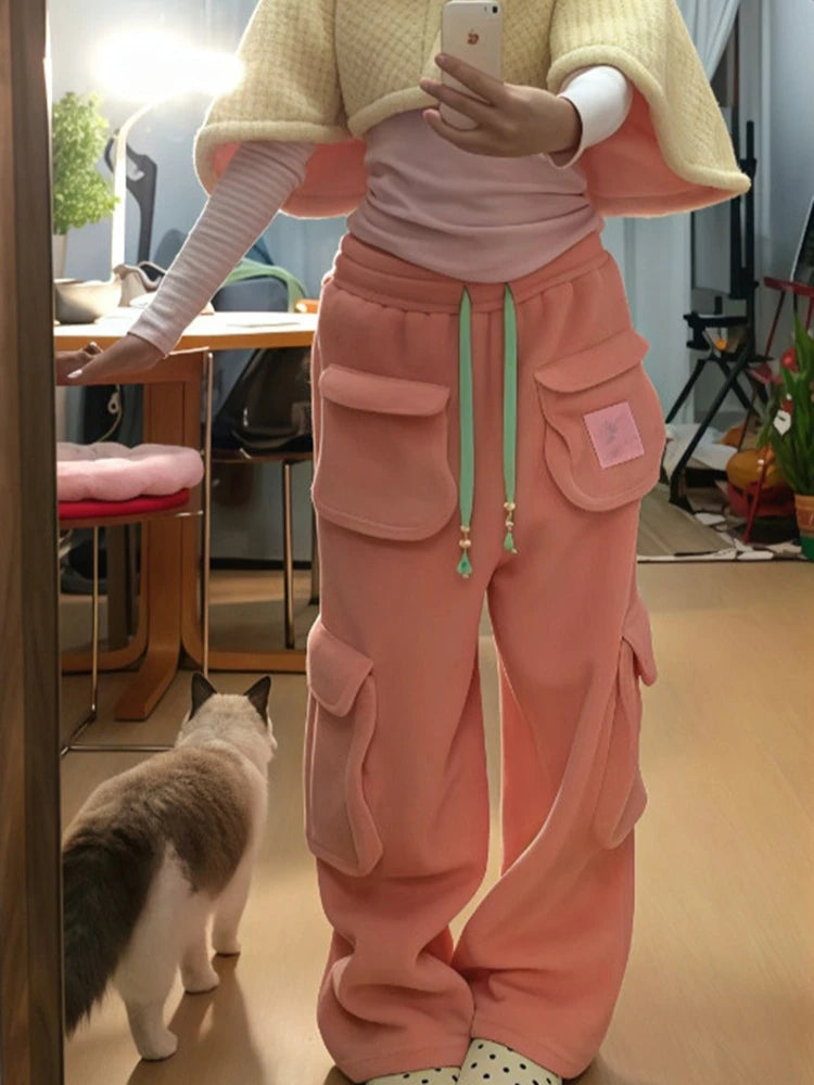 American style retro thick casual cargo pants women in winter new lamb wool loose fit fashion versatile wide leg pants