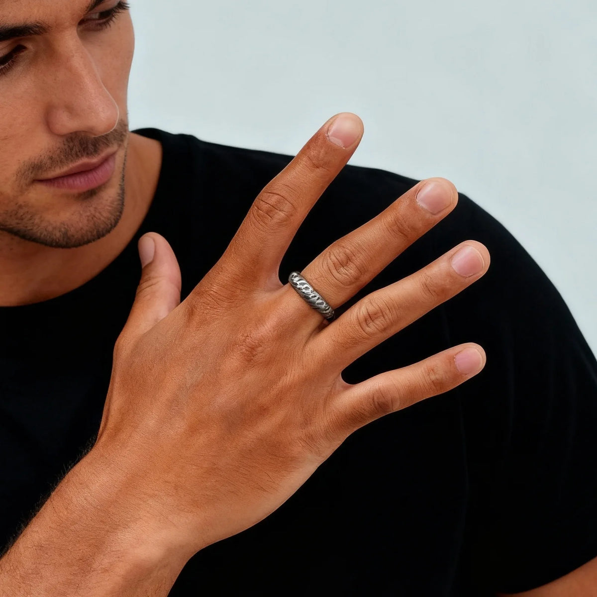 Vintage Handmade Casting Ring for Men Boys,Stainless Steel Irregular Concave Ring,Punk Niche Retro Grey Bend Ring