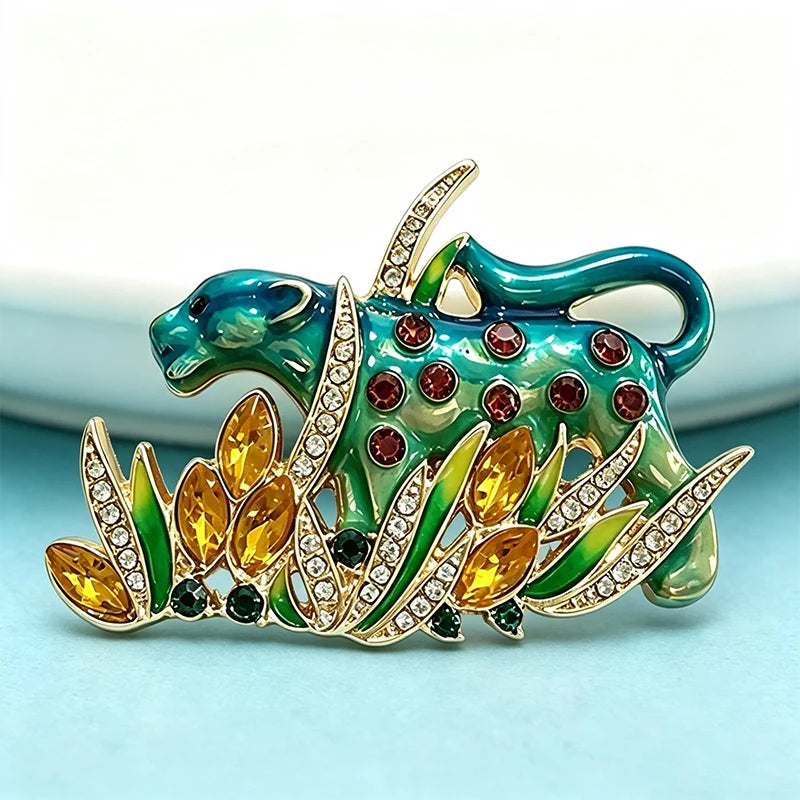 PENDRA Rhinestone Leopard Enamel Brooch
