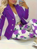 Elegant and Fashionable Two-Piece Set, Butterfly-Print Lapel, Solid Color Long-Sleeved Suit Jacket, Slim High-Waisted Pants.