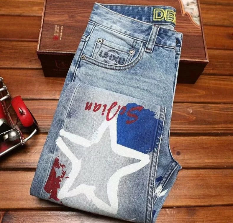 Spring Autumn Korean Popular Clothes Jeans Men's Printed Slim-fitting Pants 2026 New Stretch High-end Elastic Casual Trousers
