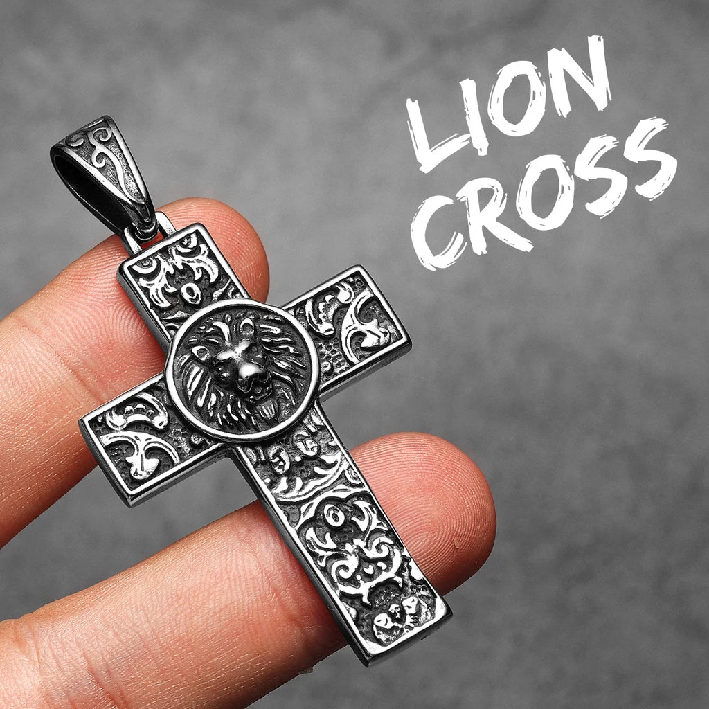 PENDRA Lion Carving Flowers Steel Necklace