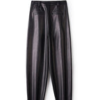 Casual leather pants women in autumn new high waisted loose fitting solid color wide leg nine inch Haren balloon pants