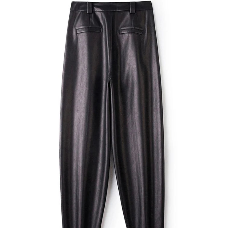 Casual leather pants women in autumn new high waisted loose fitting solid color wide leg nine inch Haren balloon pants