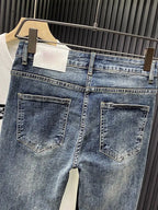 Trendy Brand 2026 Versatile Labeled Jeans for Men Stretch Slim Fit Simple Skinny Pants Trendy Cat Whisker Slimming Cropped Pants